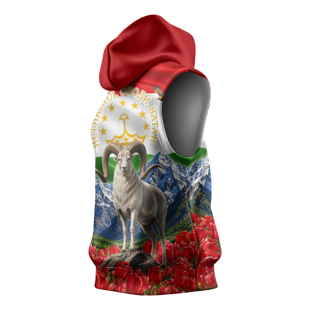 Tajikistan National Pride Sleeveless Hoodie Ismoil Somoni Monument Marco Polo Sheep Flag
