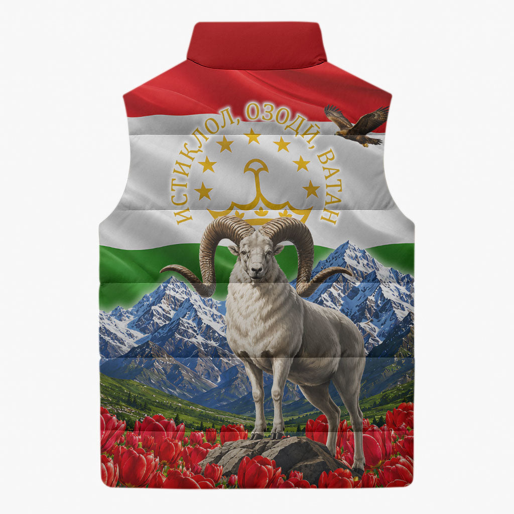 Tajikistan National Pride Sleeveless Puffer Jacket Ismoil Somoni Monument Marco Polo Sheep Flag
