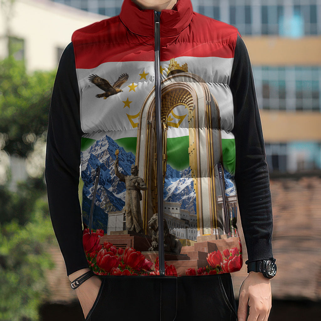 Tajikistan National Pride Sleeveless Puffer Jacket Ismoil Somoni Monument Marco Polo Sheep Flag