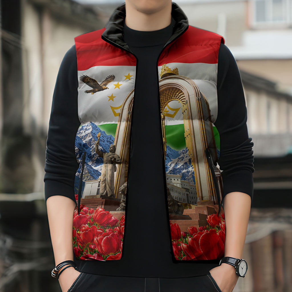Tajikistan National Pride Sleeveless Puffer Jacket Ismoil Somoni Monument Marco Polo Sheep Flag