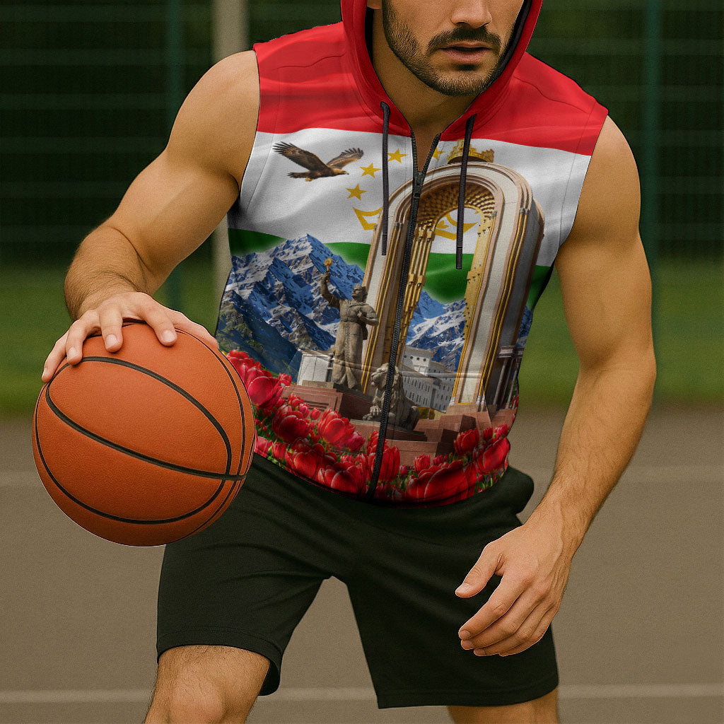 Tajikistan National Pride Sleeveless Zip Hoodie Ismoil Somoni Monument Marco Polo Sheep Flag