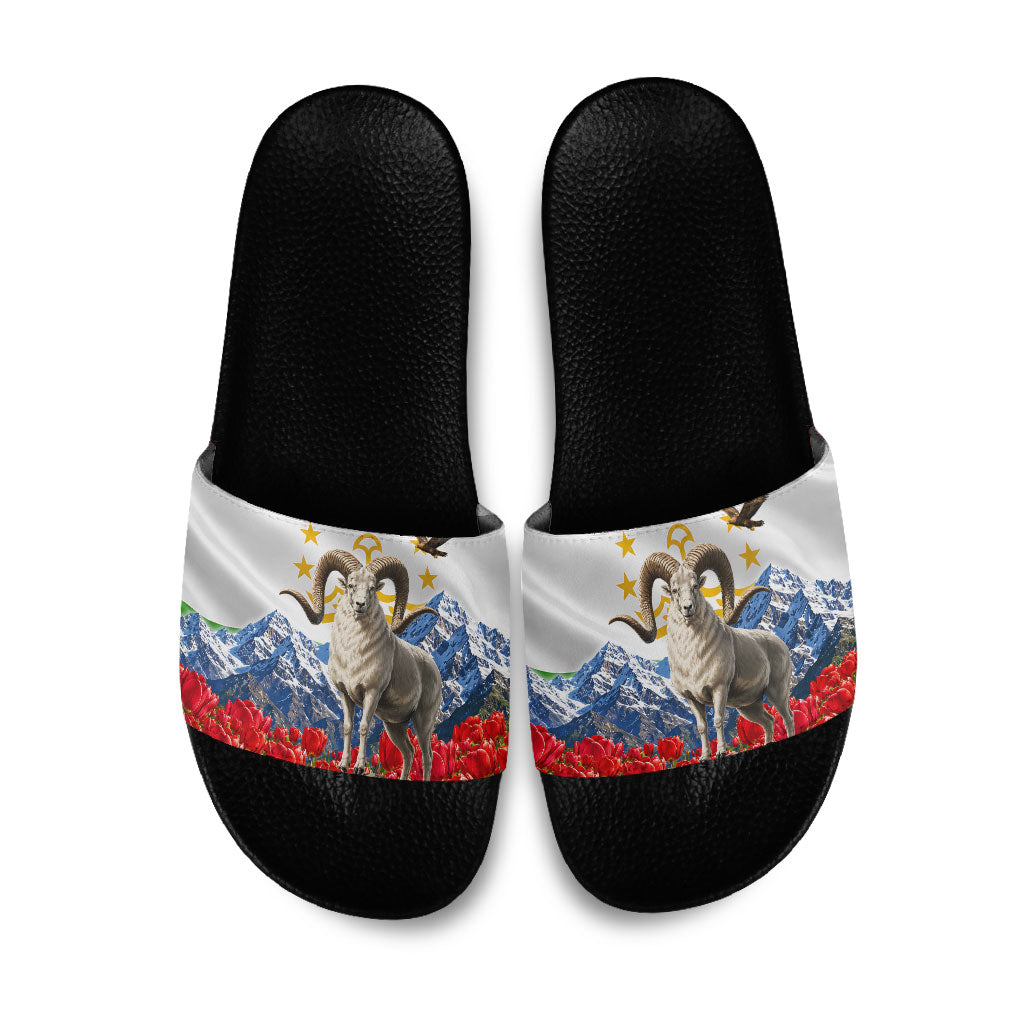 Tajikistan National Pride Slide Sandals Ismoil Somoni Monument Marco Polo Sheep Flag