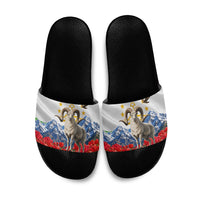 Tajikistan National Pride Slide Sandals Ismoil Somoni Monument Marco Polo Sheep Flag