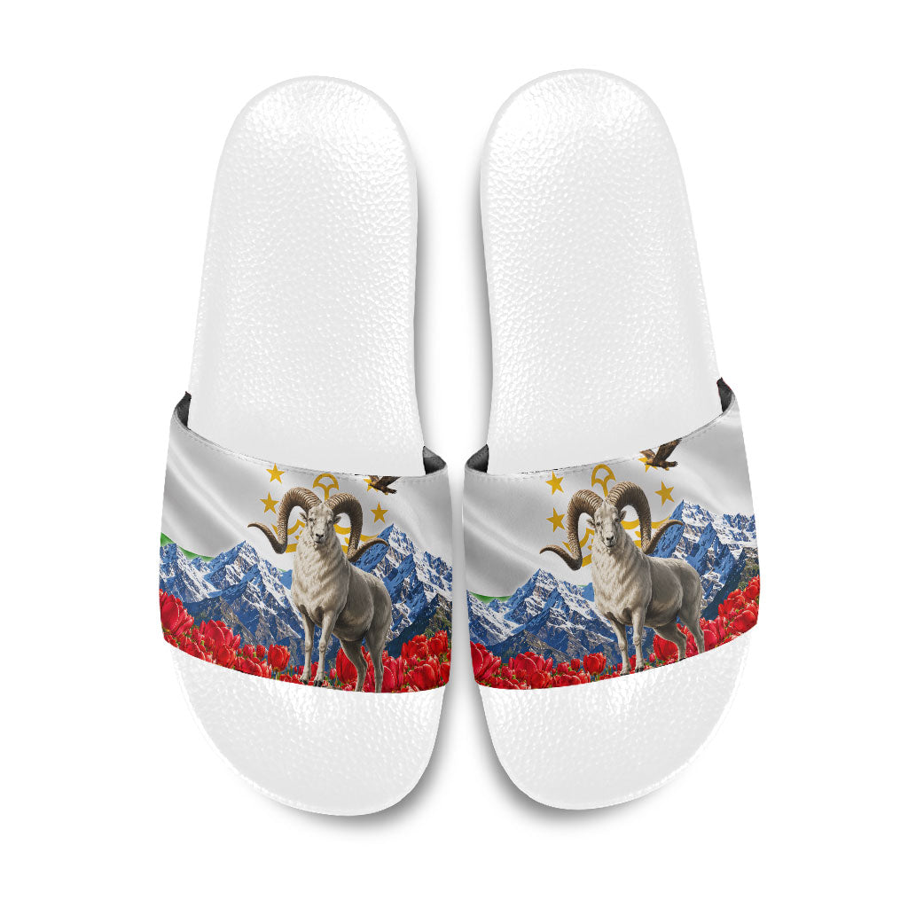 Tajikistan National Pride Slide Sandals Ismoil Somoni Monument Marco Polo Sheep Flag