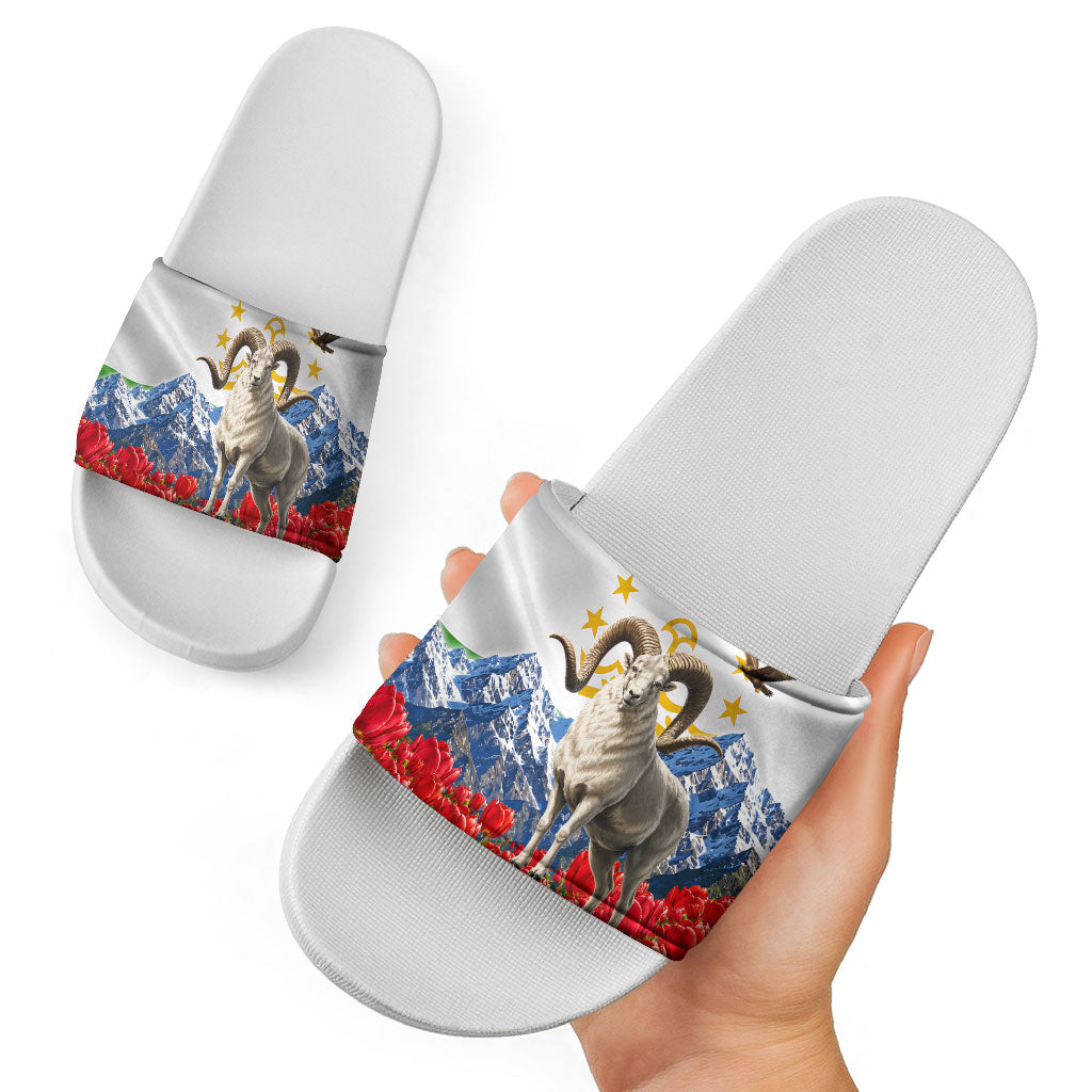 Tajikistan National Pride Slide Sandals Ismoil Somoni Monument Marco Polo Sheep Flag