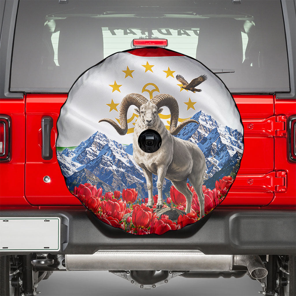Tajikistan National Pride Spare Tire Cover Ismoil Somoni Monument Marco Polo Sheep Flag