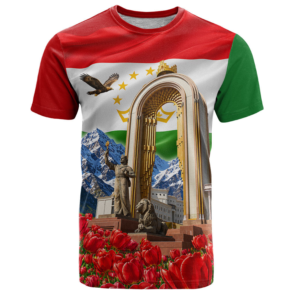 Tajikistan National Pride T Shirt Ismoil Somoni Monument Marco Polo Sheep Flag