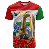 Tajikistan National Pride T Shirt Ismoil Somoni Monument Marco Polo Sheep Flag