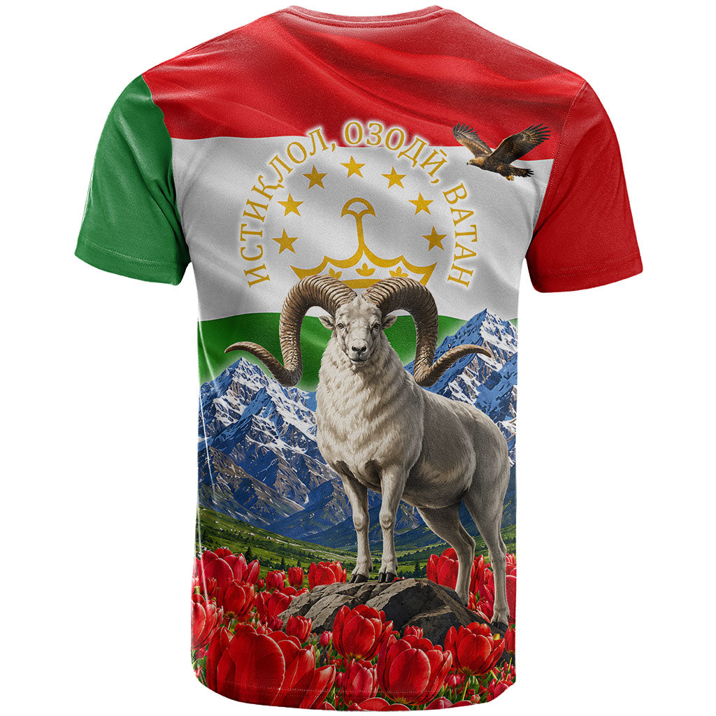 Tajikistan National Pride T Shirt Ismoil Somoni Monument Marco Polo Sheep Flag