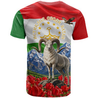 Tajikistan National Pride T Shirt Ismoil Somoni Monument Marco Polo Sheep Flag