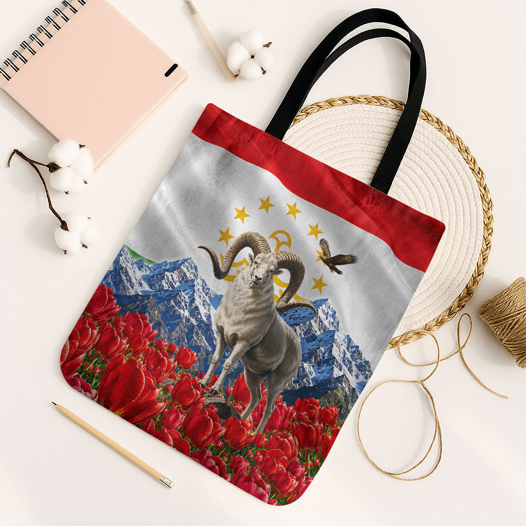 Tajikistan National Pride Tote Bag Ismoil Somoni Monument Marco Polo Sheep Flag