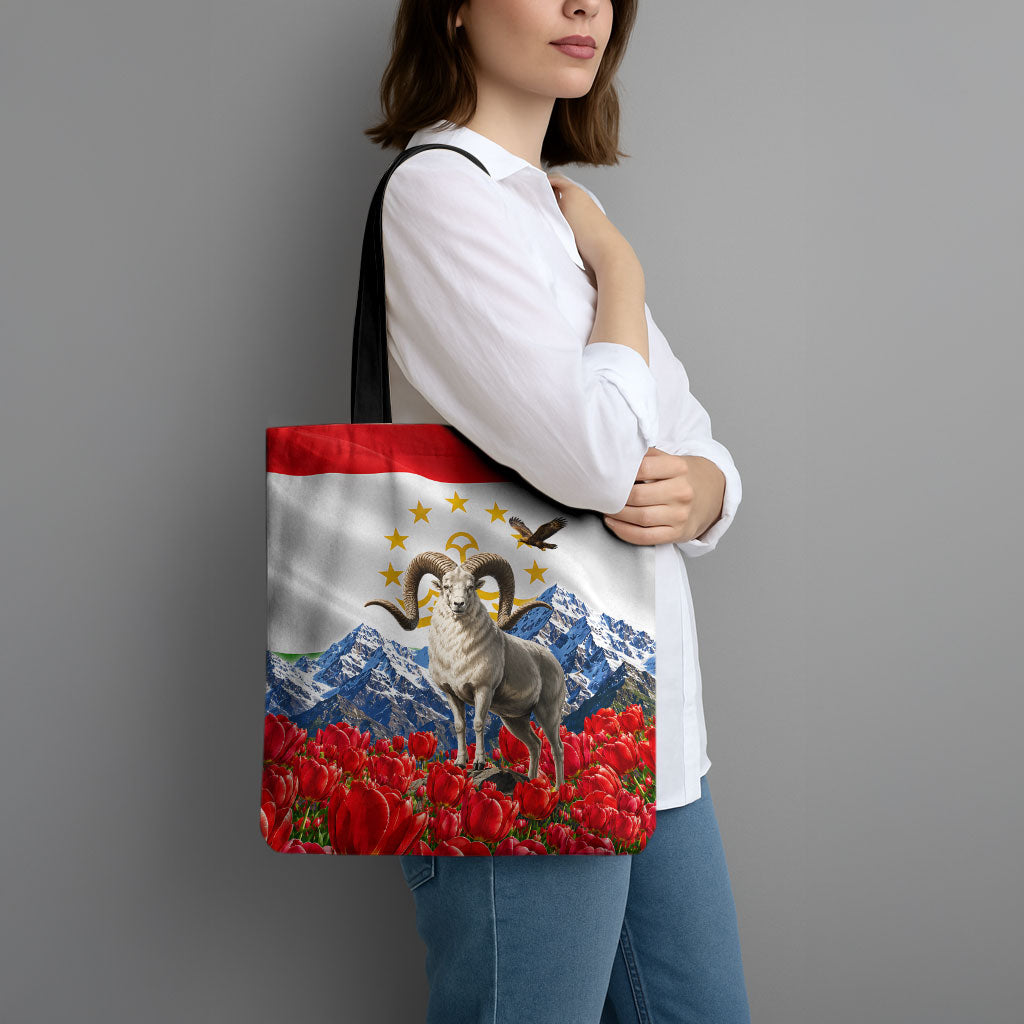 Tajikistan National Pride Tote Bag Ismoil Somoni Monument Marco Polo Sheep Flag