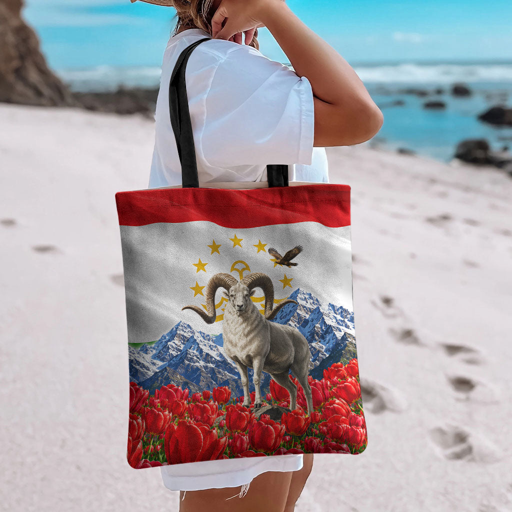 Tajikistan National Pride Tote Bag Ismoil Somoni Monument Marco Polo Sheep Flag