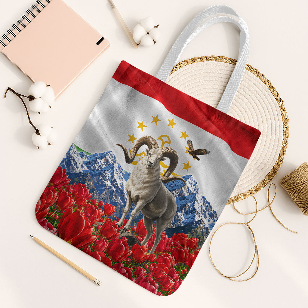 Tajikistan National Pride Tote Bag Ismoil Somoni Monument Marco Polo Sheep Flag