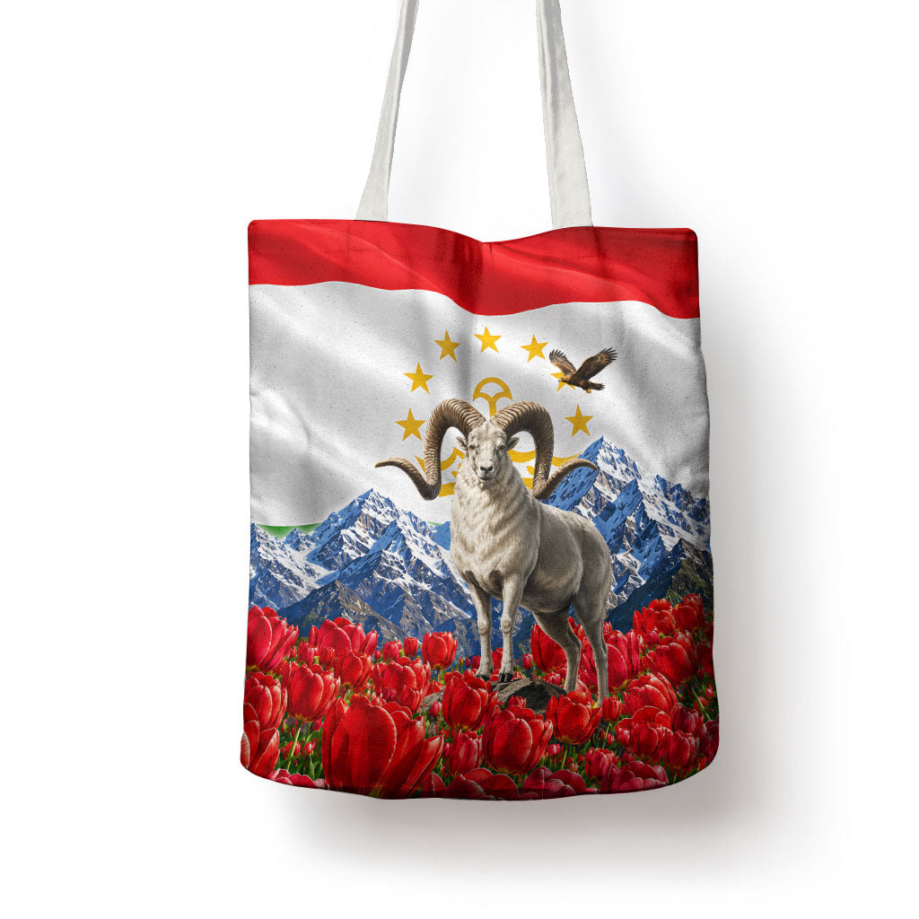 Tajikistan National Pride Tote Bag Ismoil Somoni Monument Marco Polo Sheep Flag