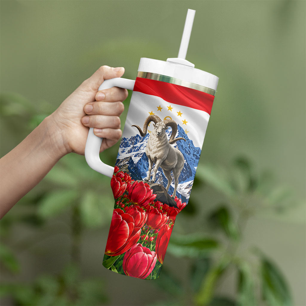 Tajikistan National Pride Tumbler With Handle Ismoil Somoni Monument Marco Polo Sheep Flag
