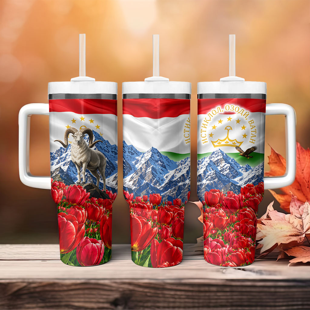 Tajikistan National Pride Tumbler With Handle Ismoil Somoni Monument Marco Polo Sheep Flag