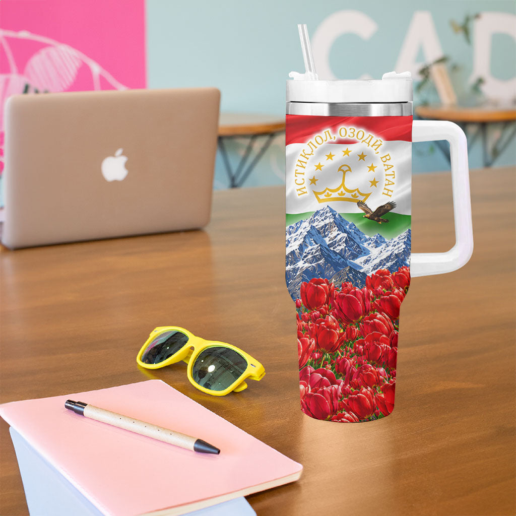Tajikistan National Pride Tumbler With Handle Ismoil Somoni Monument Marco Polo Sheep Flag