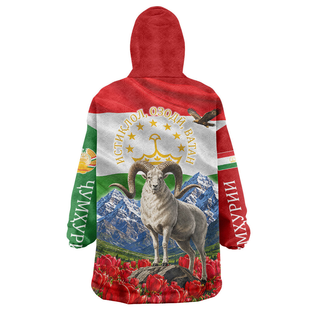 Tajikistan National Pride Wearable Blanket Hoodie Ismoil Somoni Monument Marco Polo Sheep Flag