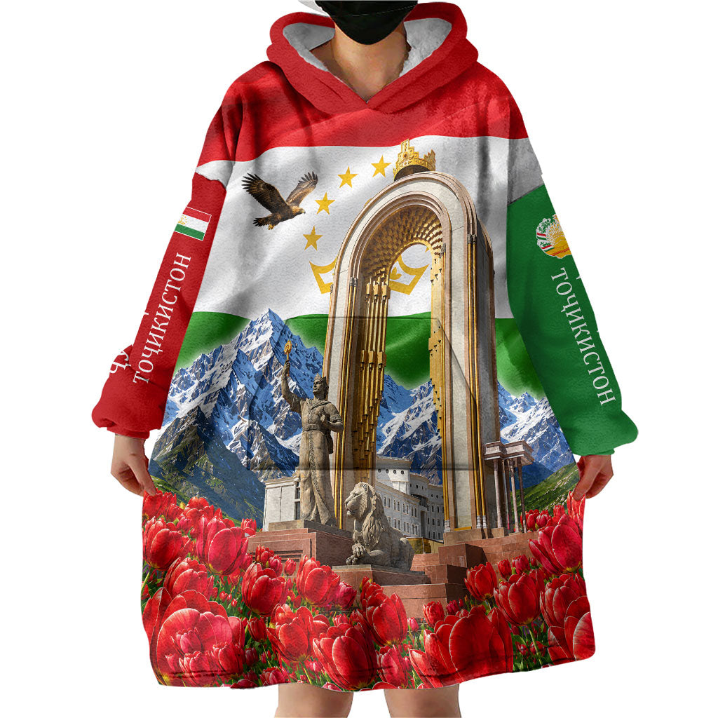 Tajikistan National Pride Wearable Blanket Hoodie Ismoil Somoni Monument Marco Polo Sheep Flag