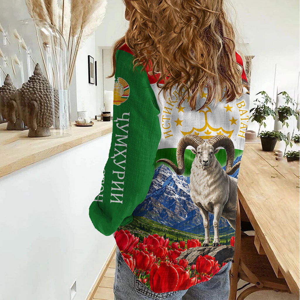 Tajikistan National Pride Women Casual Shirt Ismoil Somoni Monument Marco Polo Sheep Flag