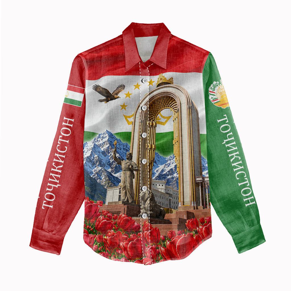 Tajikistan National Pride Women Casual Shirt Ismoil Somoni Monument Marco Polo Sheep Flag