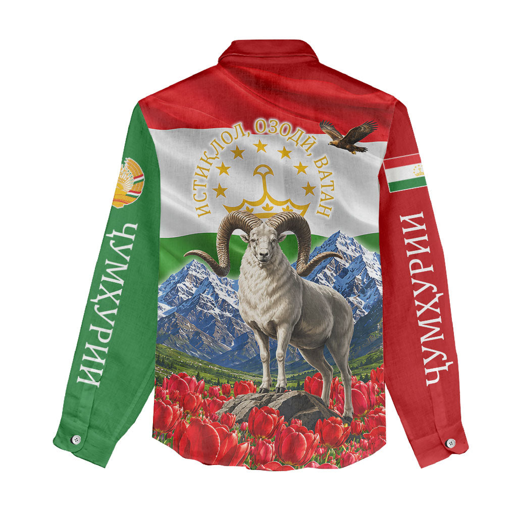 Tajikistan National Pride Women Casual Shirt Ismoil Somoni Monument Marco Polo Sheep Flag