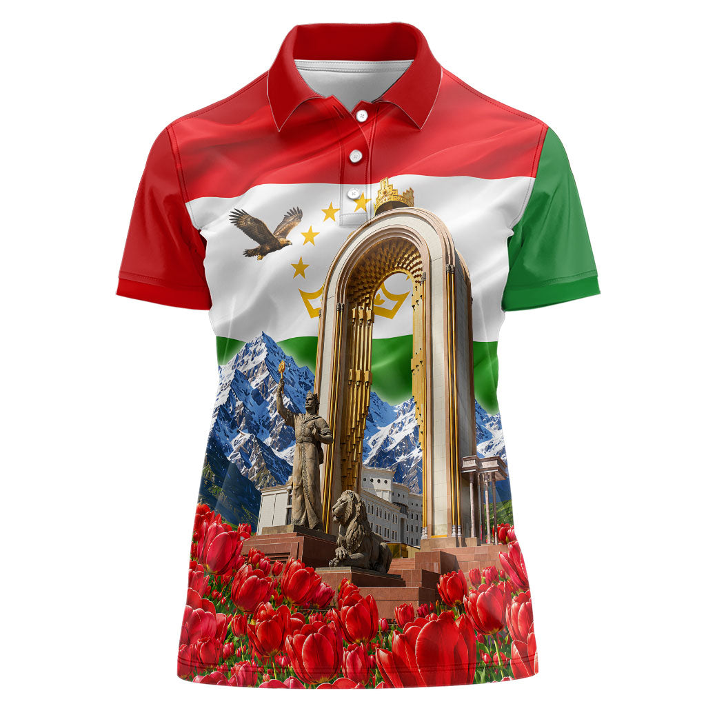 Tajikistan National Pride Women Polo Shirt Ismoil Somoni Monument Marco Polo Sheep Flag