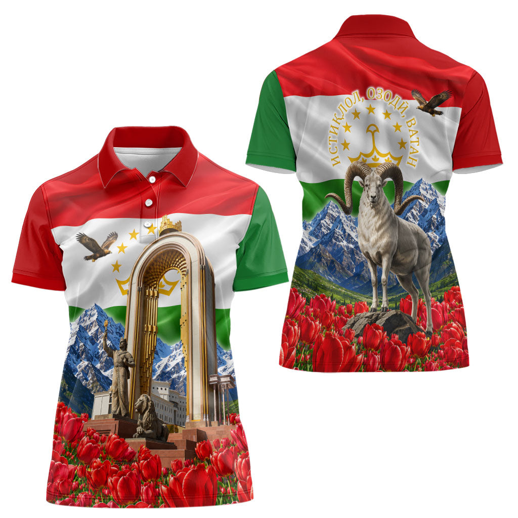 Tajikistan National Pride Women Polo Shirt Ismoil Somoni Monument Marco Polo Sheep Flag