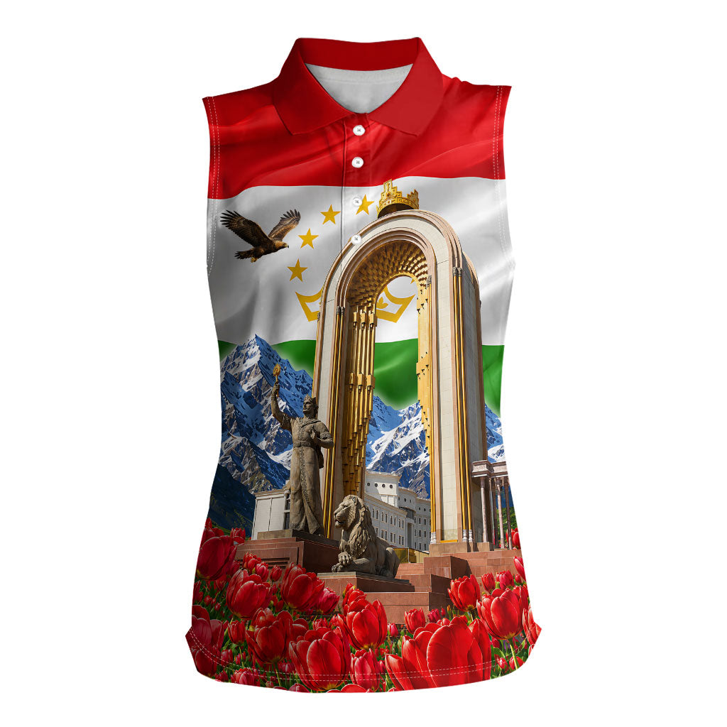 Tajikistan National Pride Women Sleeveless Polo Shirt Ismoil Somoni Monument Marco Polo Sheep Flag