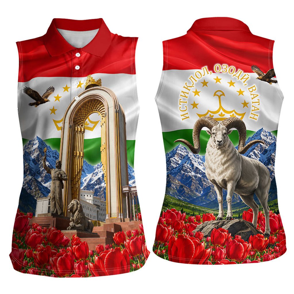 Tajikistan National Pride Women Sleeveless Polo Shirt Ismoil Somoni Monument Marco Polo Sheep Flag
