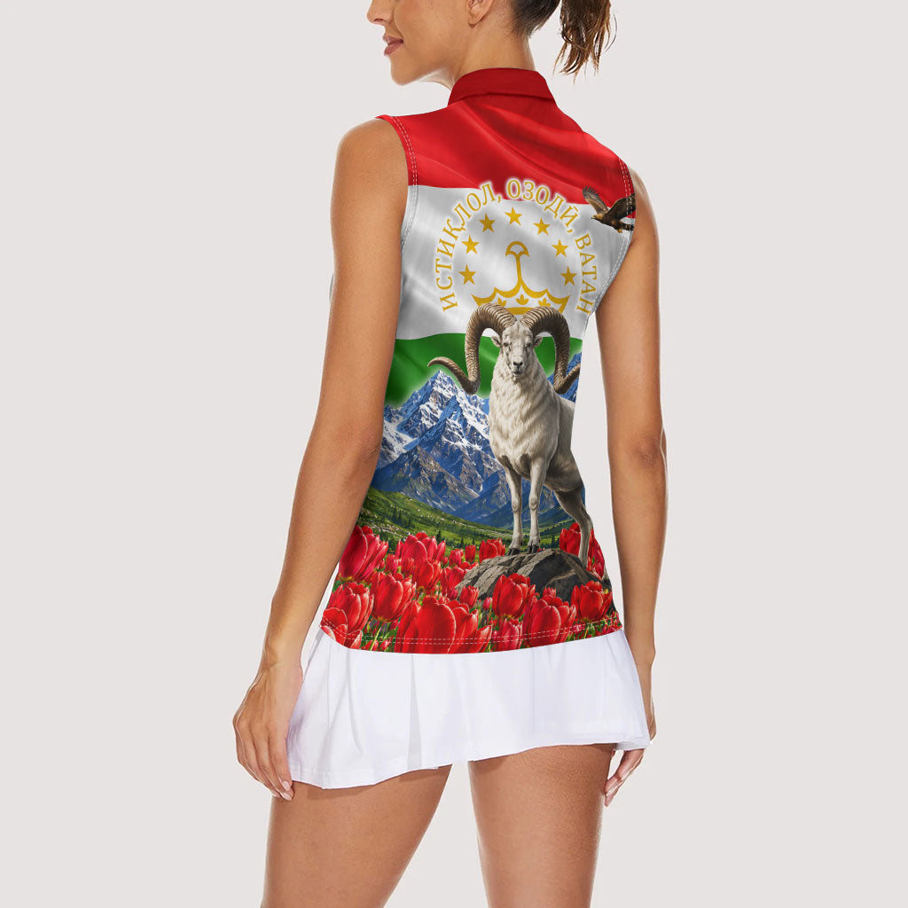 Tajikistan National Pride Women Sleeveless Polo Shirt Ismoil Somoni Monument Marco Polo Sheep Flag