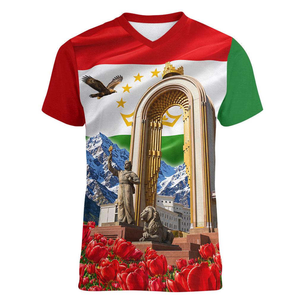 Tajikistan National Pride Women V-Neck T-Shirt Ismoil Somoni Monument Marco Polo Sheep Flag