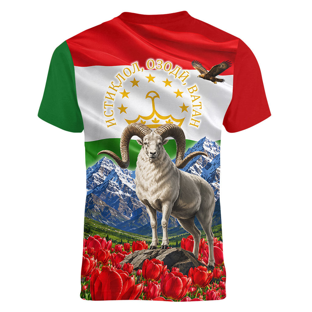 Tajikistan National Pride Women V-Neck T-Shirt Ismoil Somoni Monument Marco Polo Sheep Flag