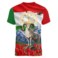 Tajikistan National Pride Women V-Neck T-Shirt Ismoil Somoni Monument Marco Polo Sheep Flag