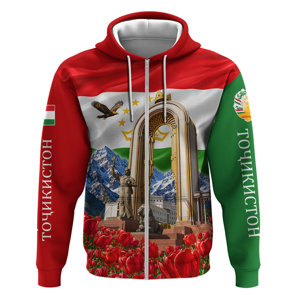 Tajikistan National Pride Zip Hoodie Ismoil Somoni Monument Marco Polo Sheep Flag