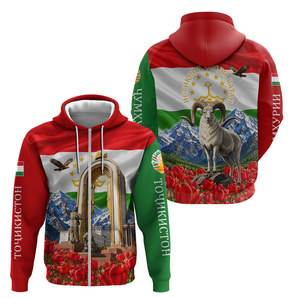 Tajikistan National Pride Zip Hoodie Ismoil Somoni Monument Marco Polo Sheep Flag