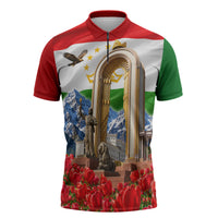 Tajikistan National Pride Zipper Polo Shirt Ismoil Somoni Monument Marco Polo Sheep Flag