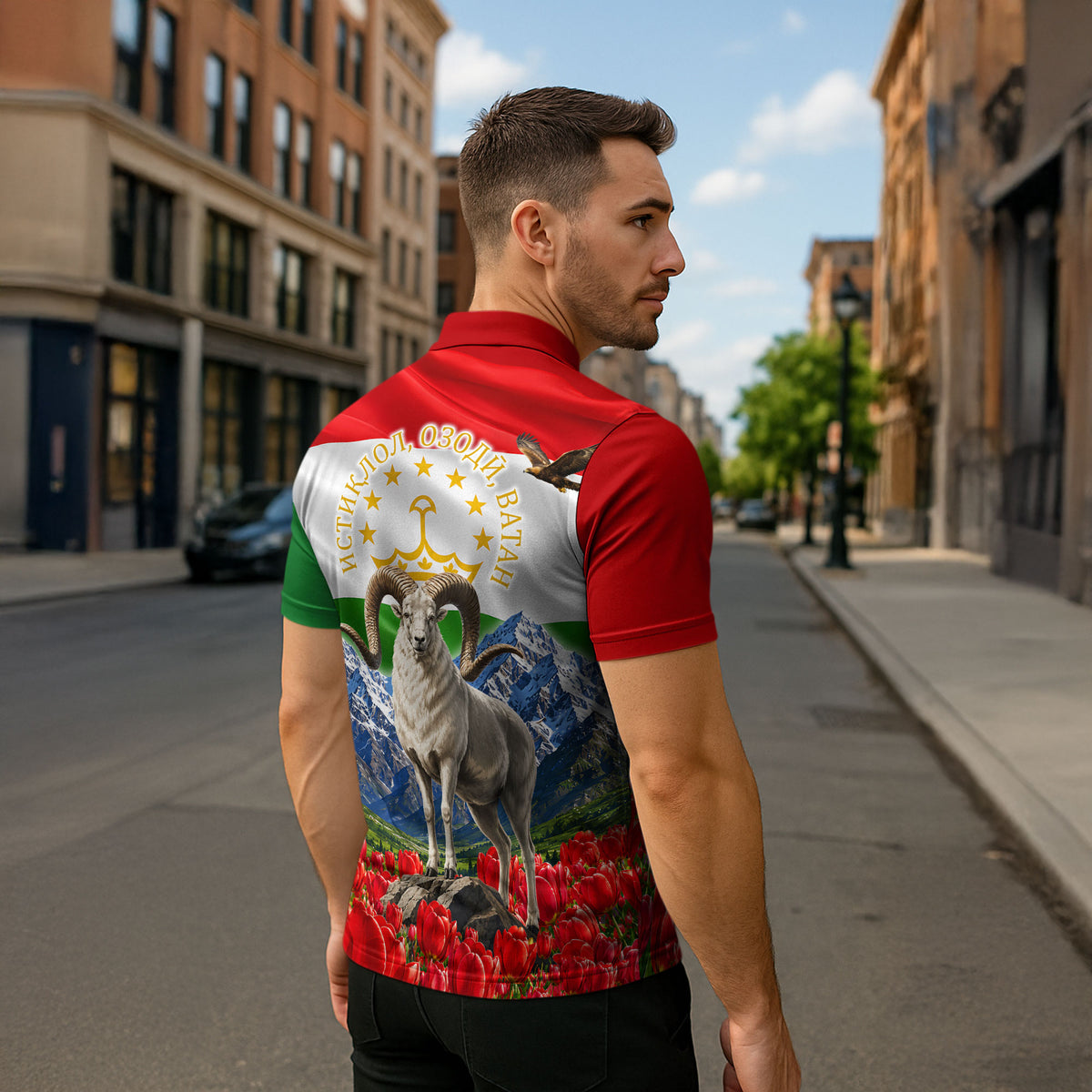 Tajikistan National Pride Zipper Polo Shirt Ismoil Somoni Monument Marco Polo Sheep Flag