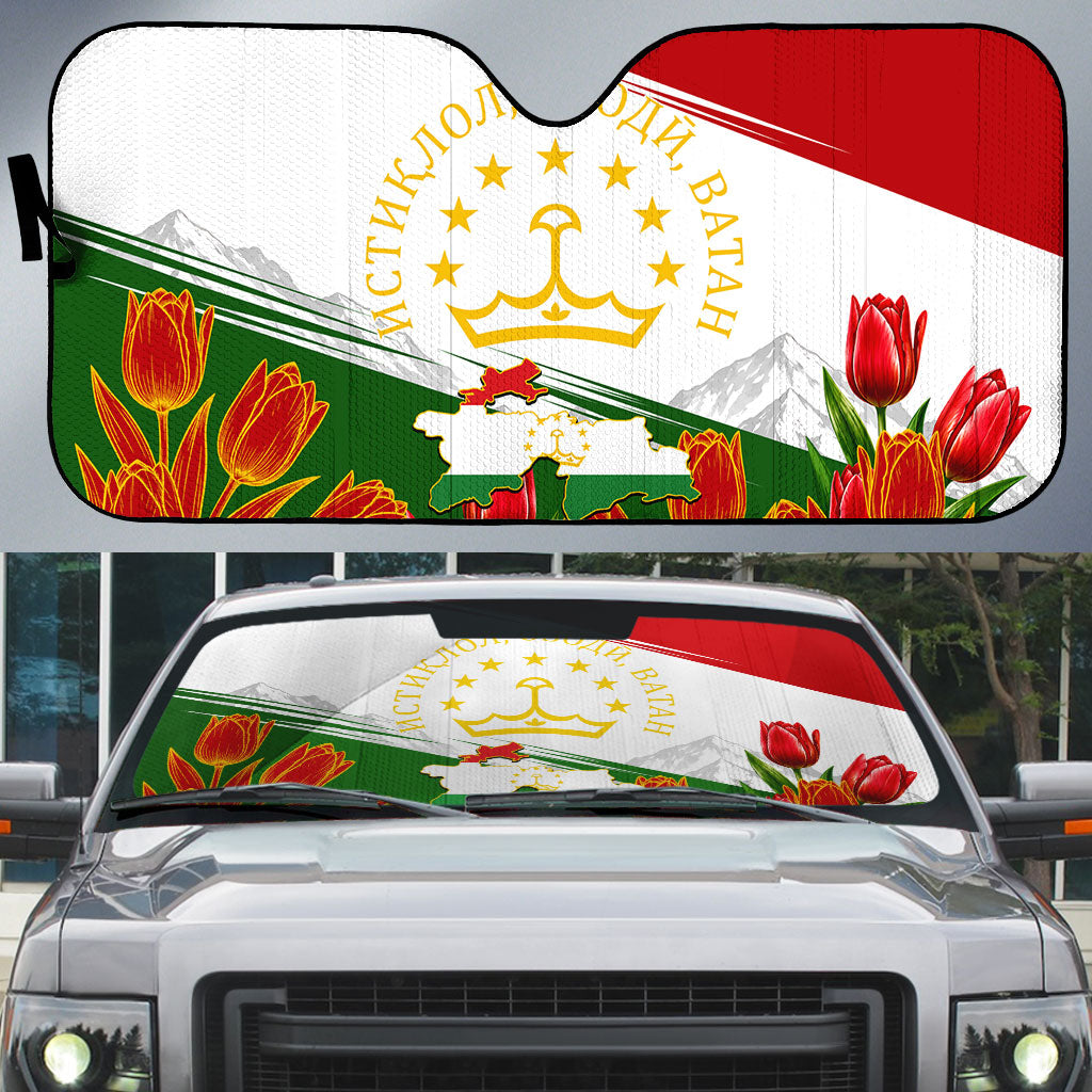 Tajikistan Independence Day Auto Sun Shade Ismoil Somoni Monument Flag Map Red Tulips