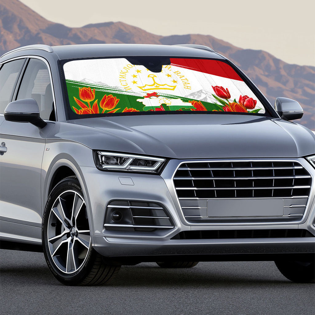 Tajikistan Independence Day Auto Sun Shade Ismoil Somoni Monument Flag Map Red Tulips