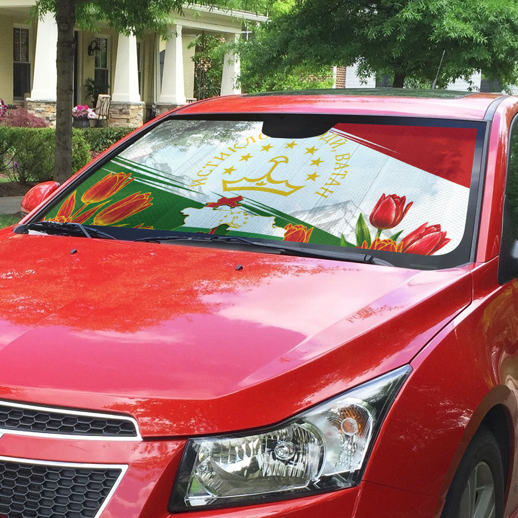 Tajikistan Independence Day Auto Sun Shade Ismoil Somoni Monument Flag Map Red Tulips