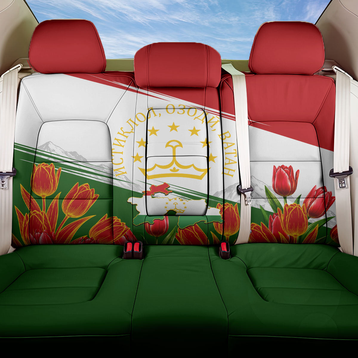 Tajikistan Independence Day Back Car Seat Cover Ismoil Somoni Monument Flag Map Red Tulips