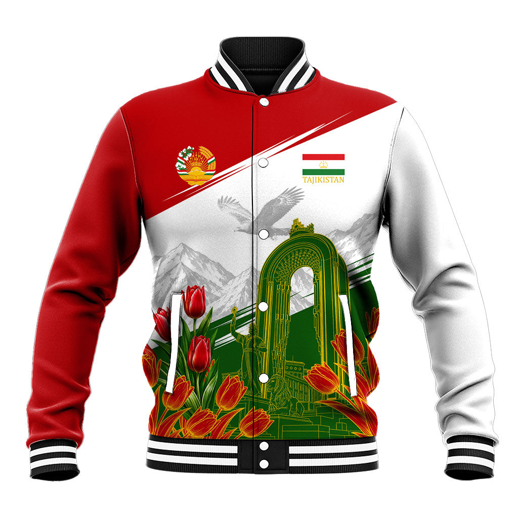 Tajikistan Independence Day Baseball Jacket Ismoil Somoni Monument Flag Map Red Tulips