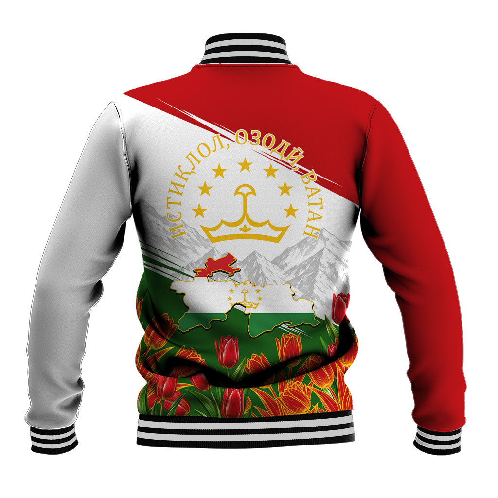 Tajikistan Independence Day Baseball Jacket Ismoil Somoni Monument Flag Map Red Tulips