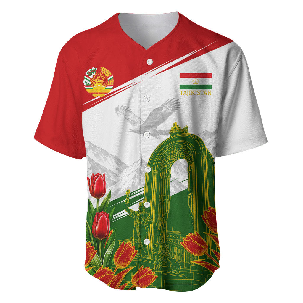 Tajikistan Independence Day Baseball Jersey Ismoil Somoni Monument Flag Map Red Tulips