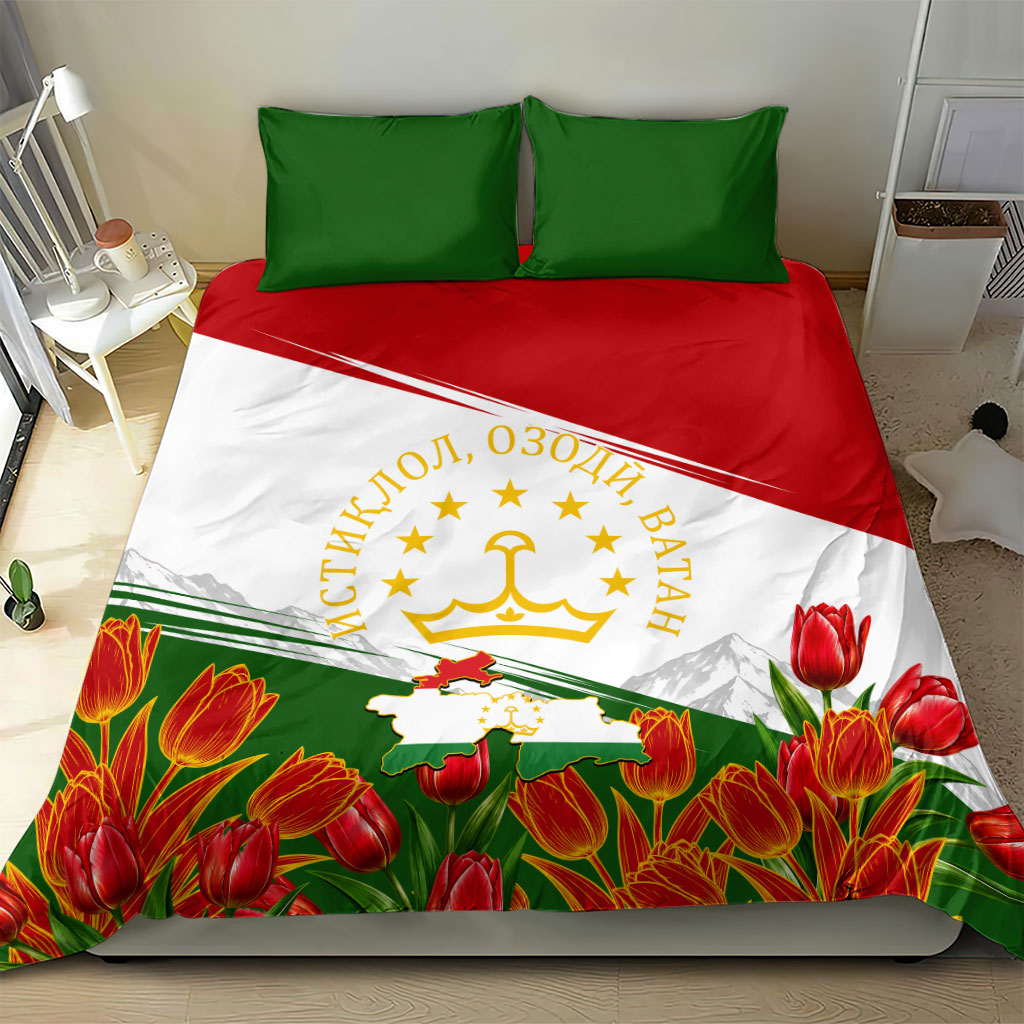 Tajikistan Independence Day Bedding Set Ismoil Somoni Monument Flag Map Red Tulips