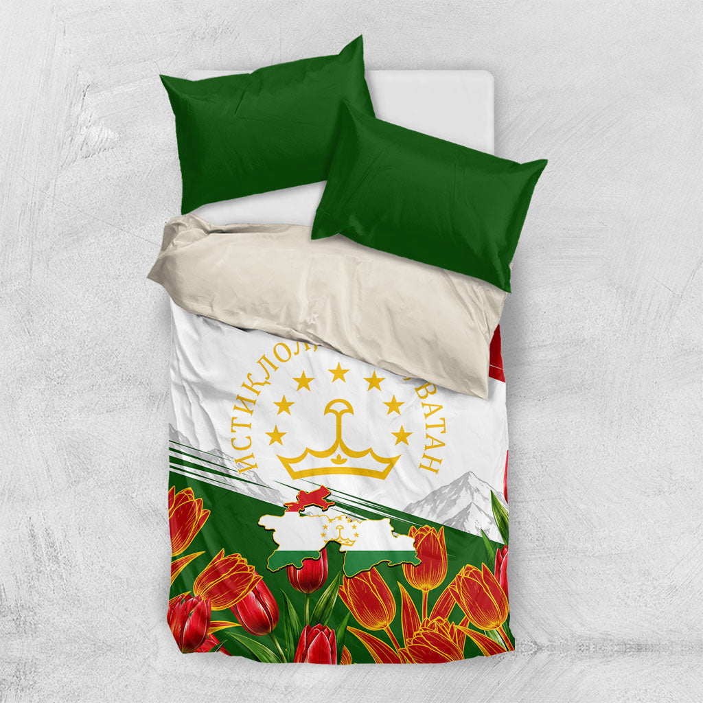 Tajikistan Independence Day Bedding Set Ismoil Somoni Monument Flag Map Red Tulips