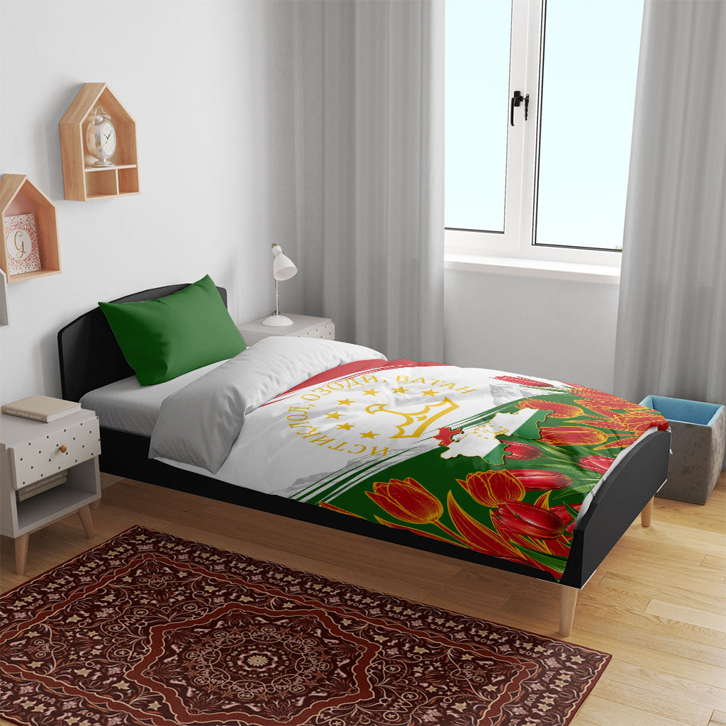 Tajikistan Independence Day Bedding Set Ismoil Somoni Monument Flag Map Red Tulips