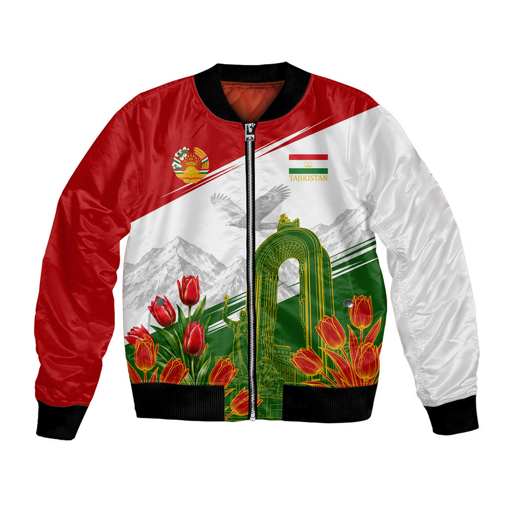 Tajikistan Independence Day Bomber Jacket Ismoil Somoni Monument Flag Map Red Tulips
